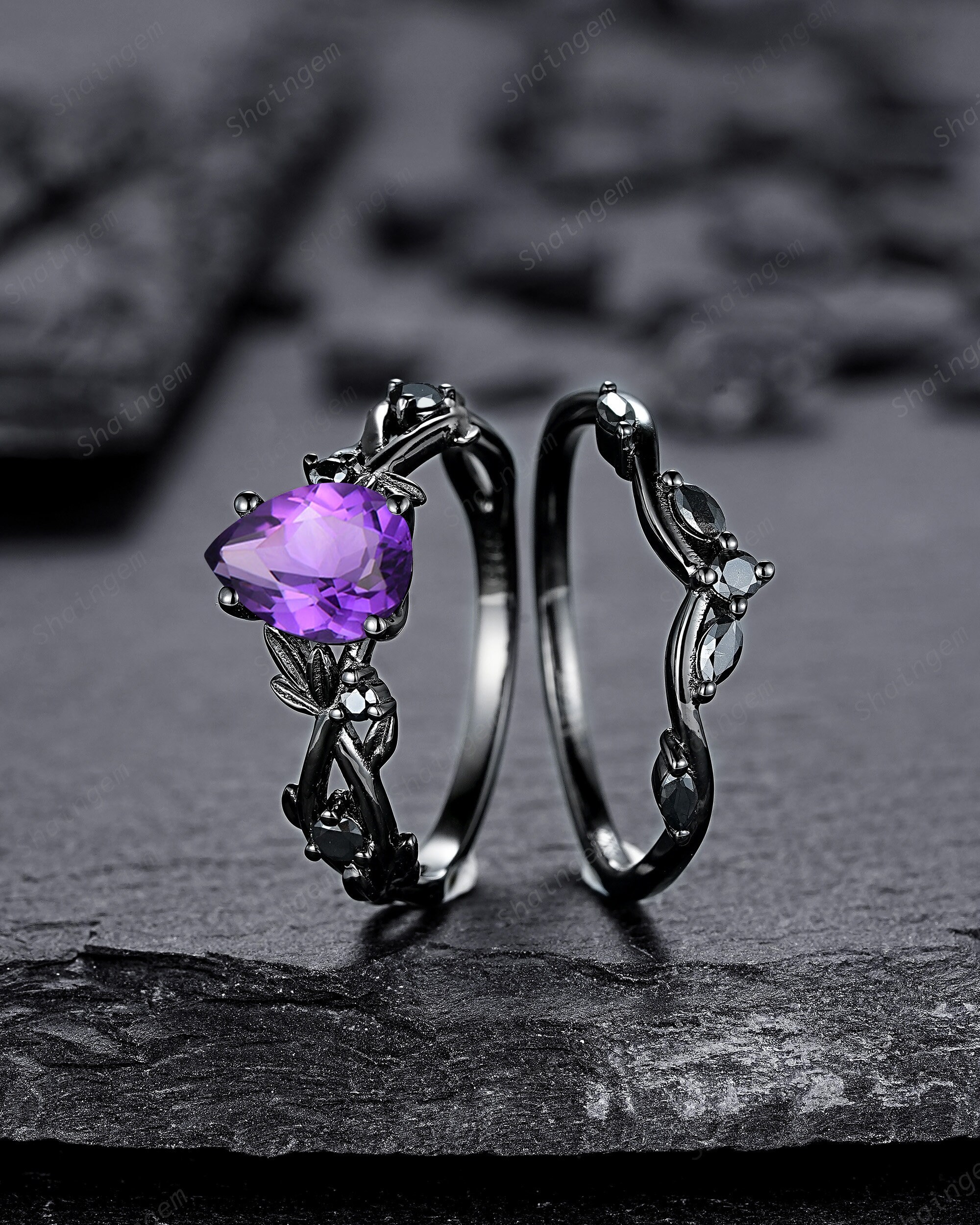 Gothic Pear Cut Amethyst Black Leaf Engagement Ring Set, Black