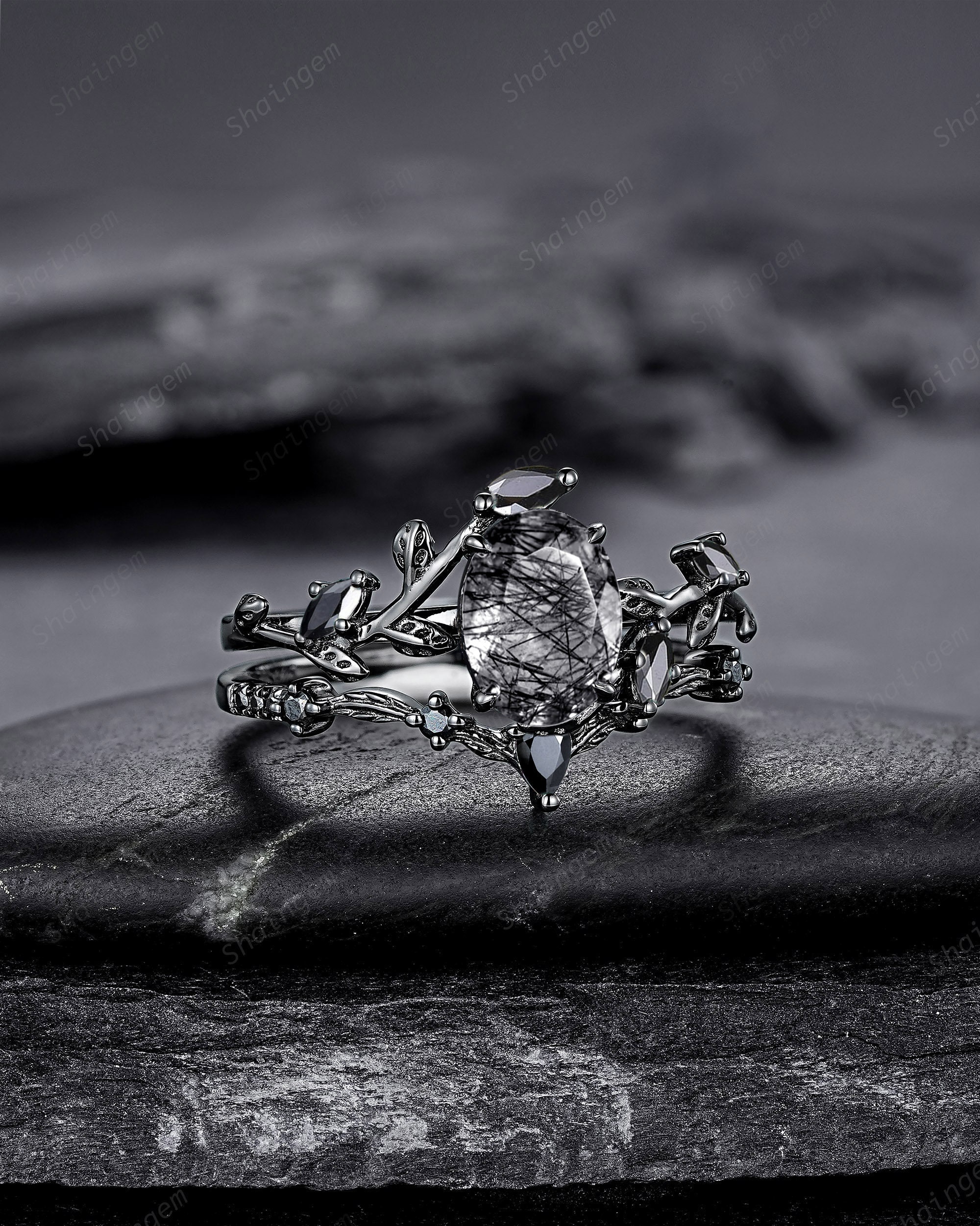 Gothic Black Gold Oval Cut Black Rutilated Quartz Leaf