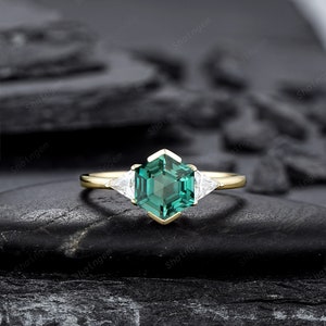 Hexagon Cut Teal Sapphire Engagement Ring Vintage Half Bezel - Etsy