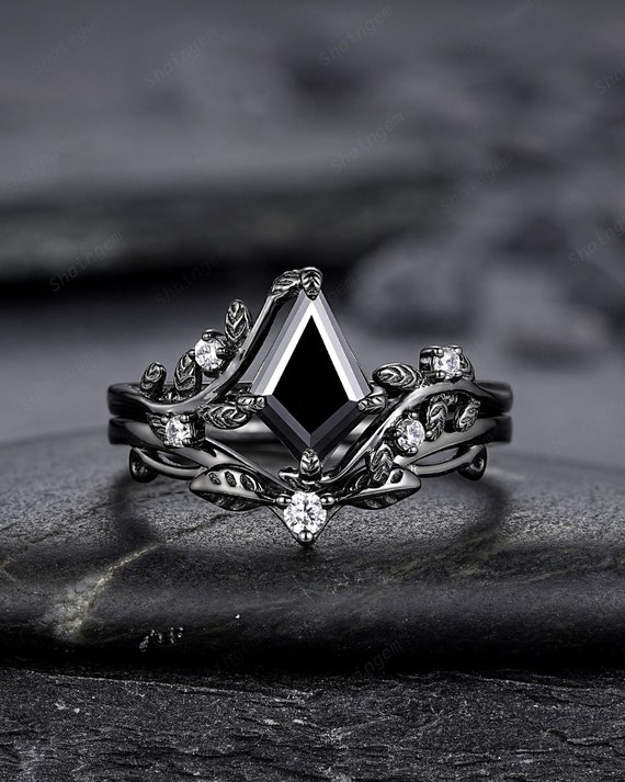 Gothic Black Gold Kite Cut Black Moissanite Leaf Engagement Ring