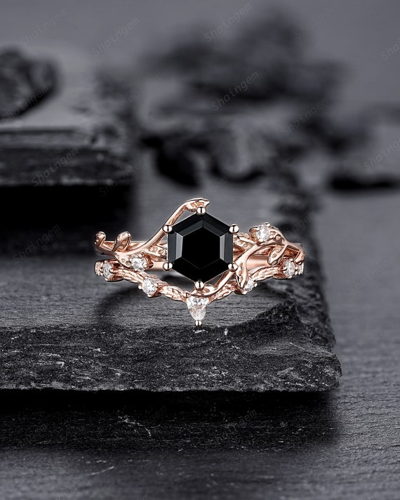 Nature Inspired Hexagon Cut Black Onyx Leaf Engagement Ring Set