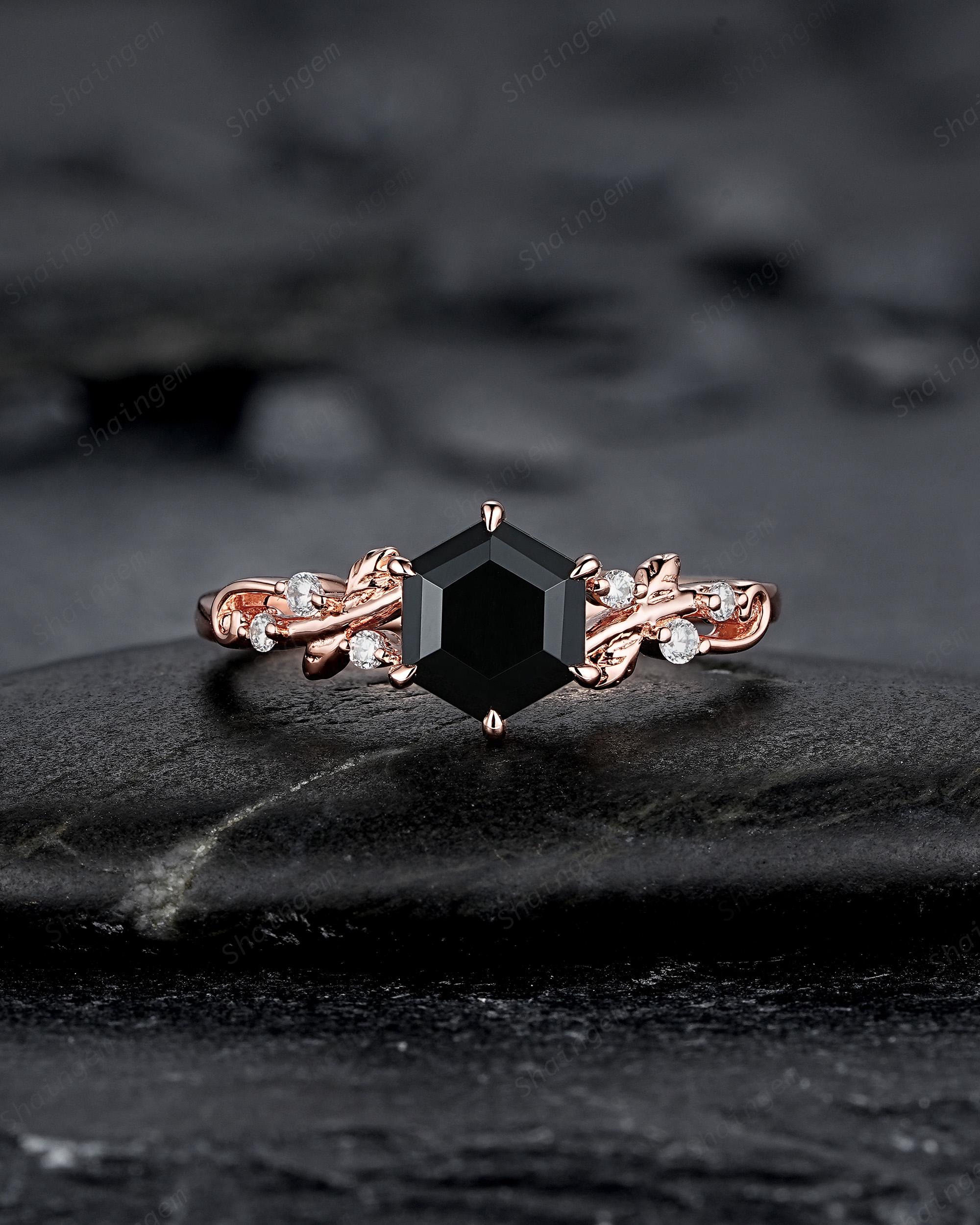 Nature Inspired Hexagon Cut Natural Black Onyx Leaf Engagement