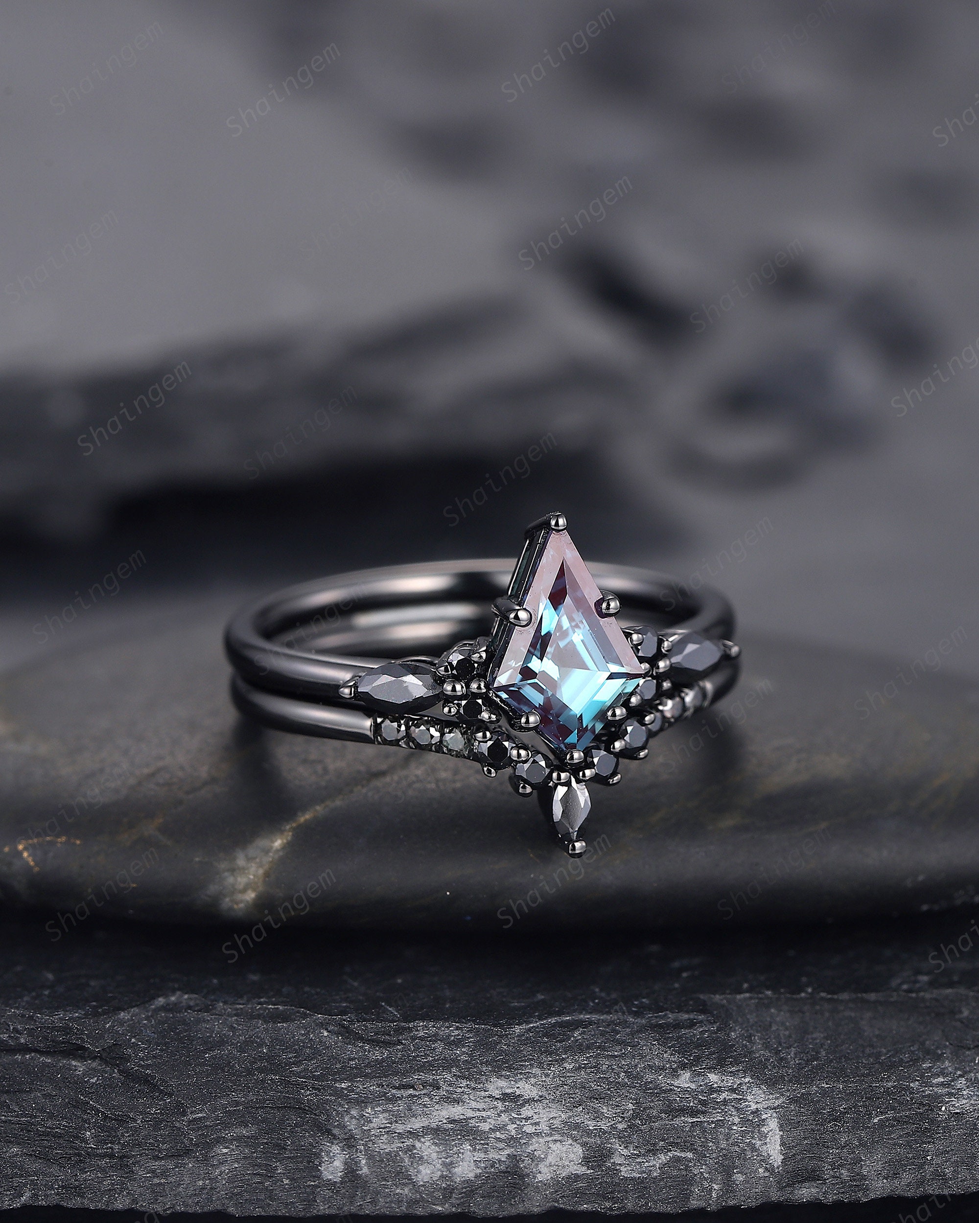 Black Gold Kite Shape Alexandrite Engagement Ring Set, Unique