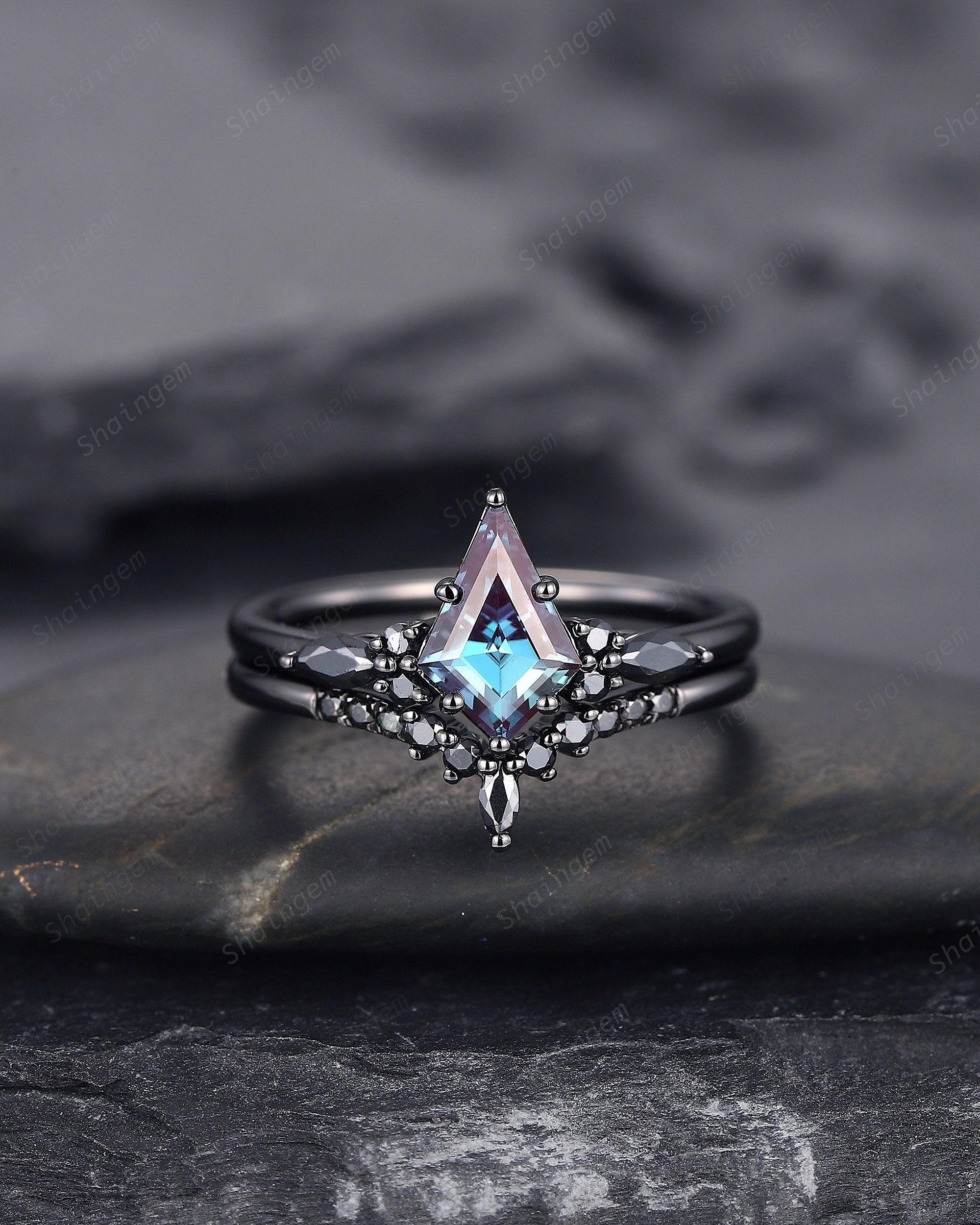 Black Gold Kite Shape Alexandrite Engagement Ring Set, Unique