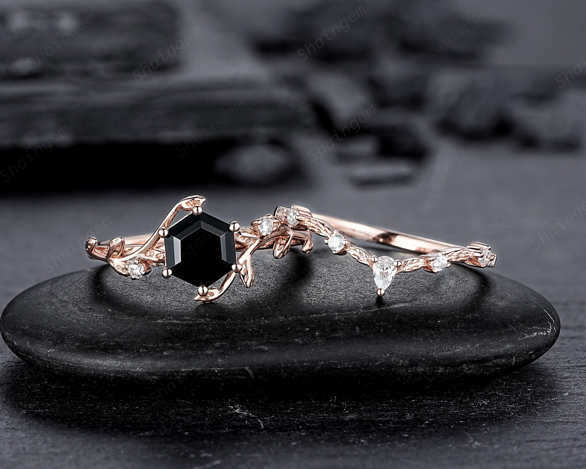 Nature Inspired Hexagon Cut Black Onyx Leaf Engagement Ring Set