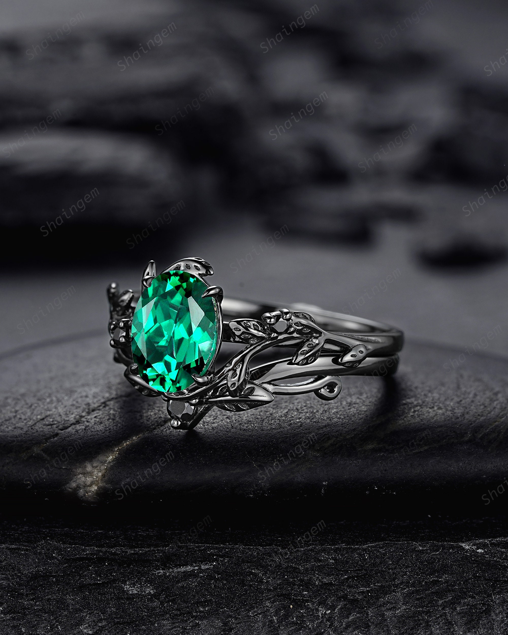 Nature Inspired Black Gold Emerald Engagement Ring Set, Rhodium
