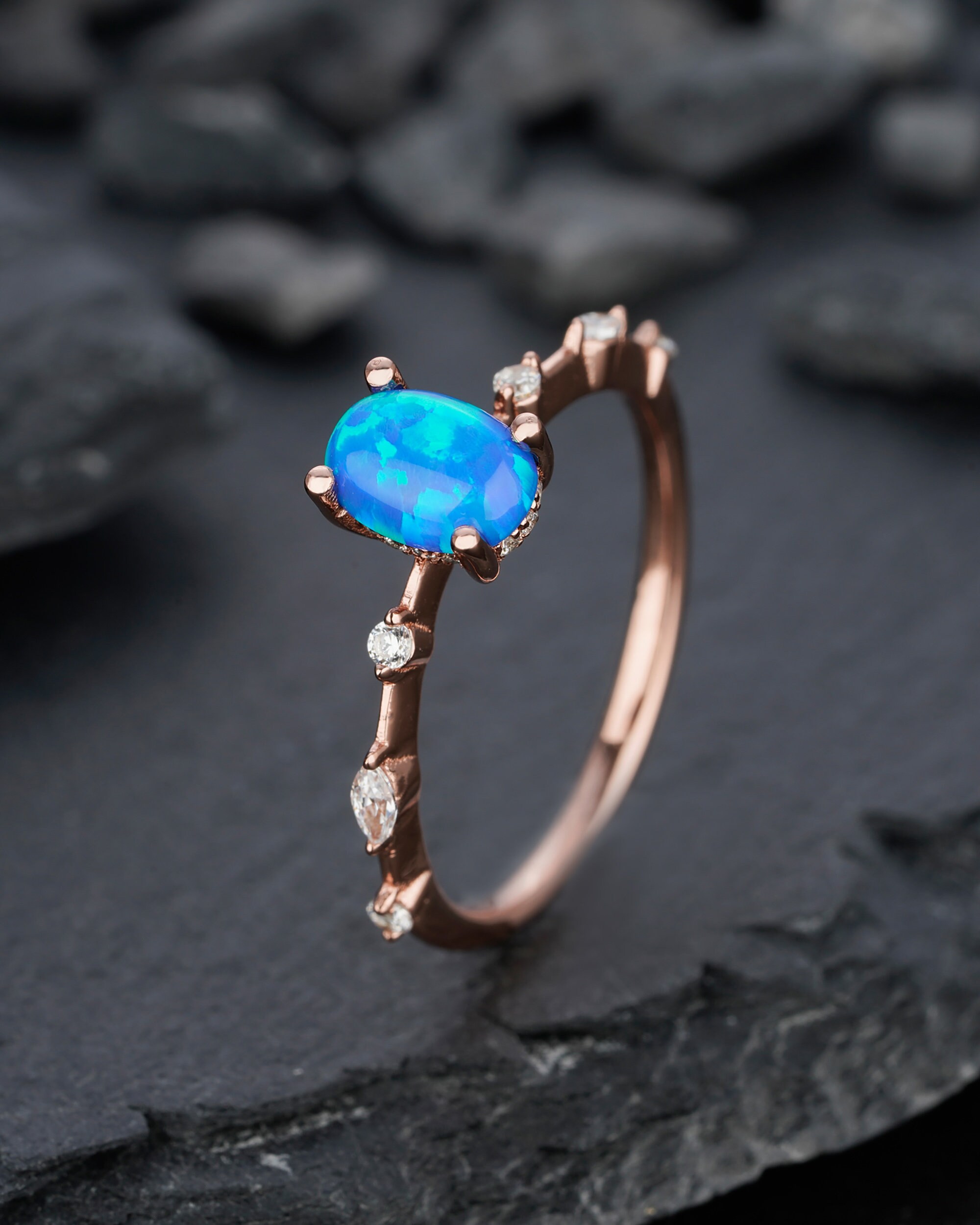 Unique Blue Fire Opal Engagement Ring 14k Rose Gold Silver Oval Cut Hidden Halo Anniversary Promise Wedding Ring Meaningful Gift for Her Etsy