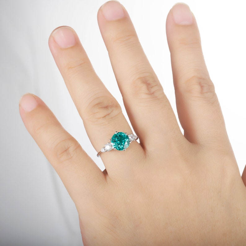 Platinum Neon Blue Paraiba Tourmaline Engagement Ring, Unique 3CT Green Bluish Tourmaline Wedding Ring, White Gold Promise Ring for Women image 3