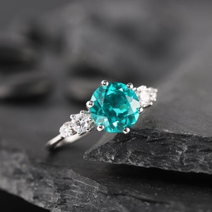 Platinum Neon Blue Paraiba Tourmaline Engagement Ring, Unique 3CT Green Bluish Tourmaline Wedding Ring, White Gold Promise Ring for Women image 7