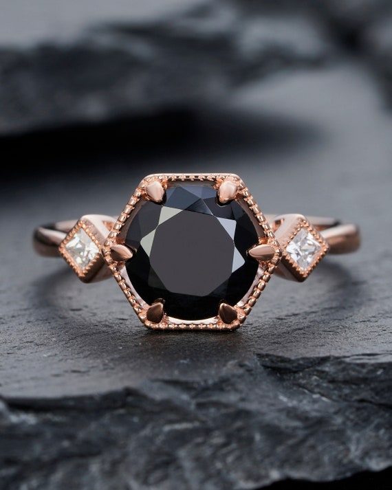 Hexagon Black Spinel Engagement Ring, Vintage 14K Rose Gold Spinel
