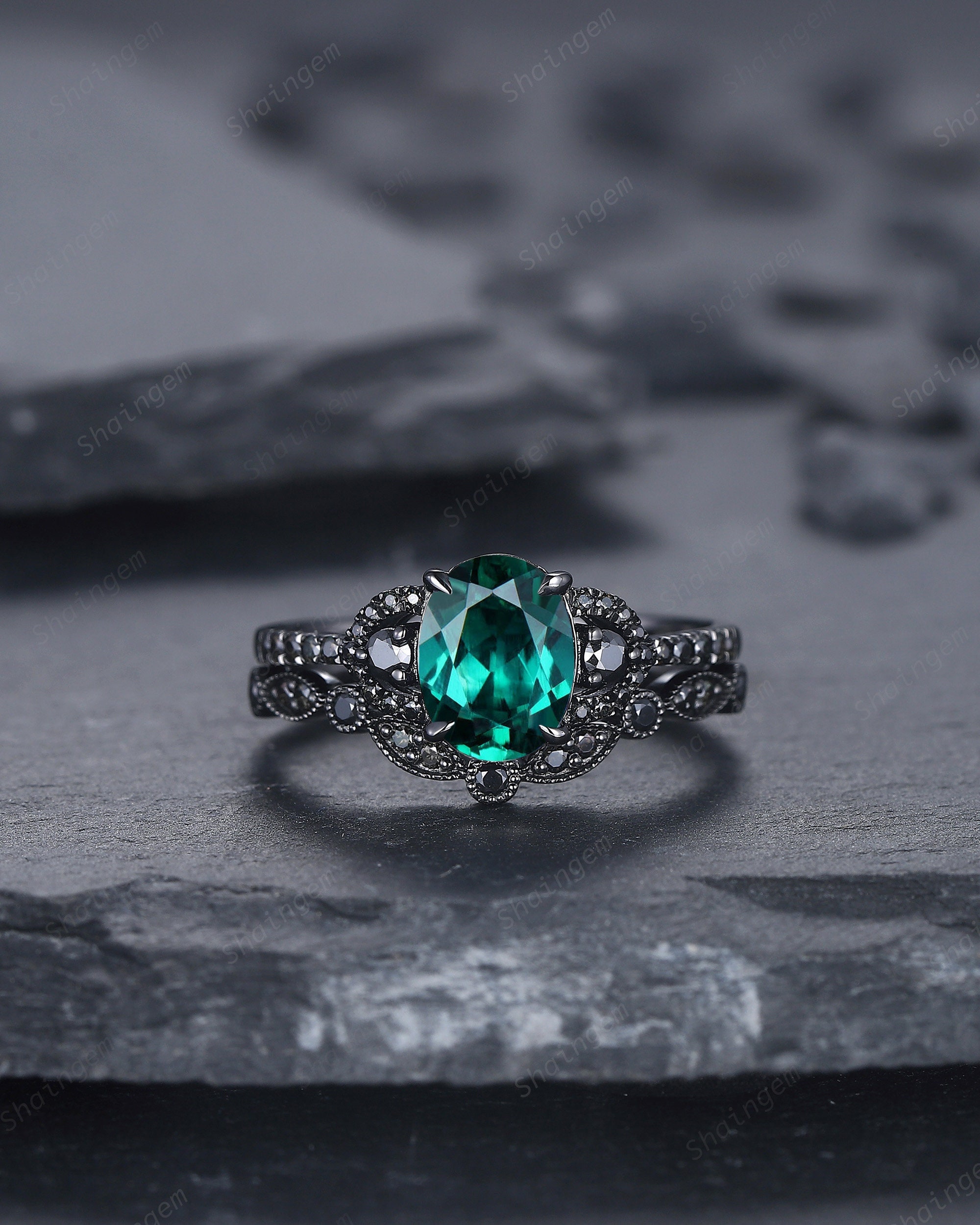 Gothic Oval Cut Emerald Engagement Ring Set, Black Gold Plated Emerald Promise Ring, Rhodium Black Anniversary Ring, Black Wedding Ring Gift