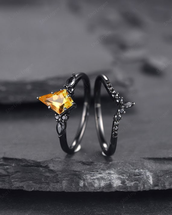 Black Rhodium Kite Shape Citrine Engagement Ring Set, Unique Black