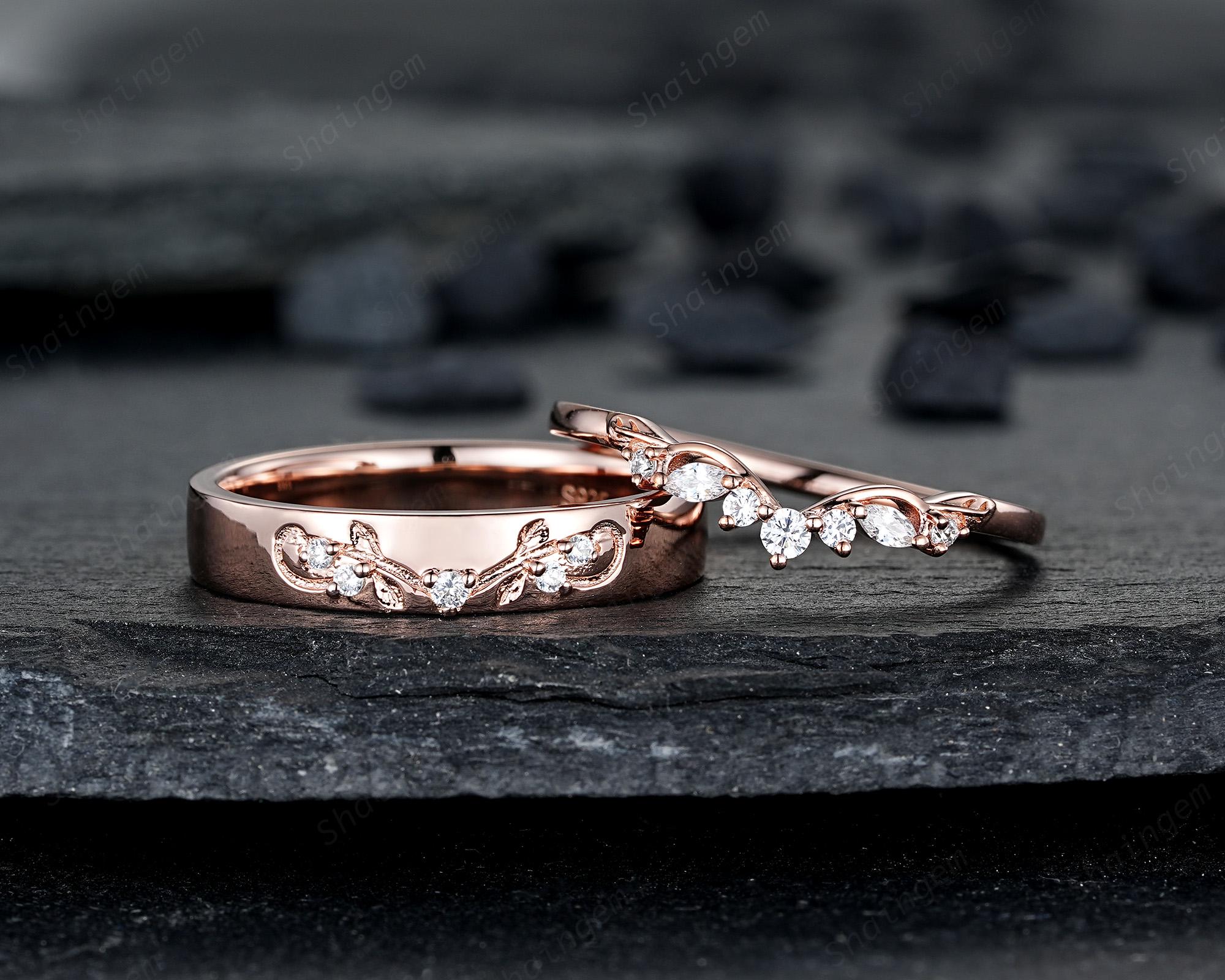 Nature Inspired Engraved Leaf His and Hers Diamond Couple Ring Set