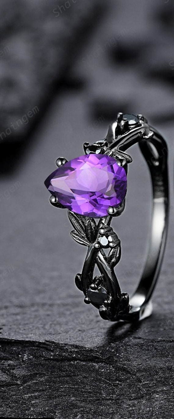 Gothic Pear Cut Amethyst Black Leaf Engagement Ring Set, Black