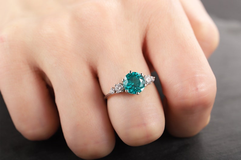 Platinum Neon Blue Paraiba Tourmaline Engagement Ring, Unique 3CT Green Bluish Tourmaline Wedding Ring, White Gold Promise Ring for Women image 6