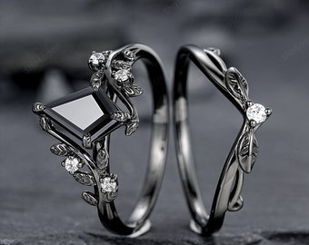 Gothic Black Gold Kite Cut Black Moissanite Leaf Engagement Ring