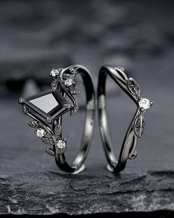 Gothic Black Gold Kite Cut Black Moissanite Leaf Engagement Ring