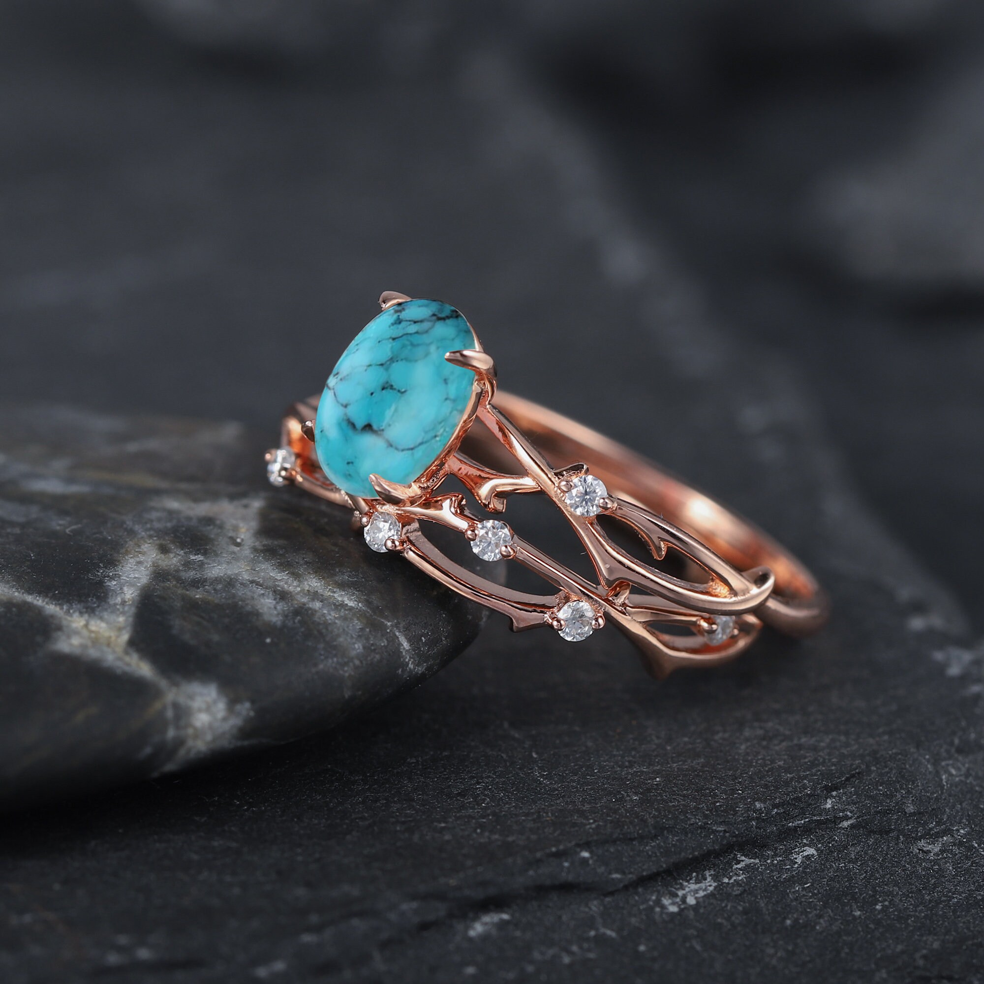 Turquoise and Diamond Wedding Ring Set, Twig Branch Engagement Ring Set Turquoise and Diamond Wedding Ring Set, Twig Branch Engagement Ring Set