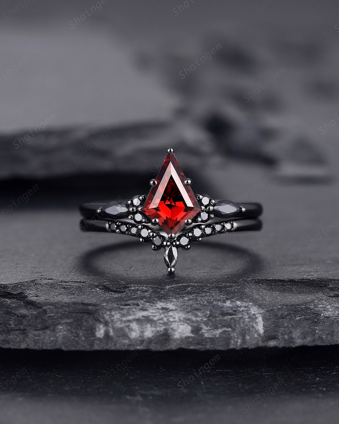Black Rhodium Kite Shape Garnet Engagement Ring Set, Unique Black ...