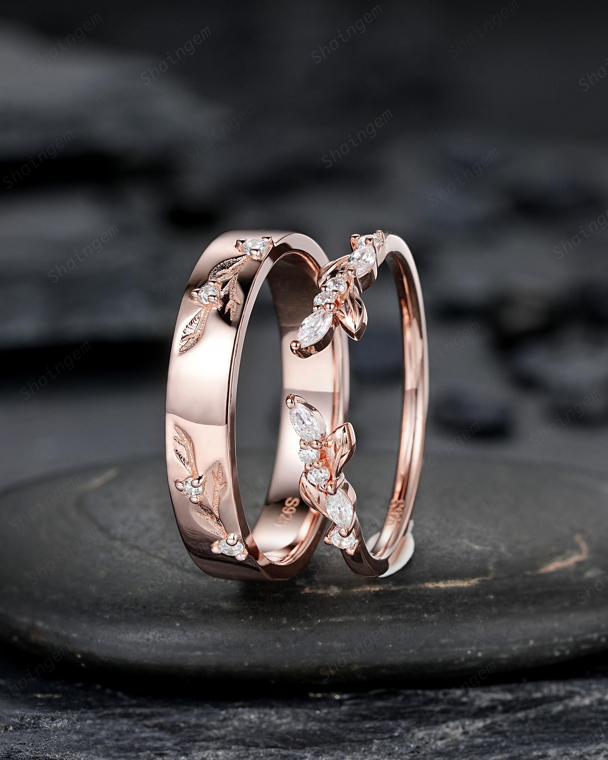 Nature Inspired Engraved Leaf His and Hers Diamond Couple Ring Set