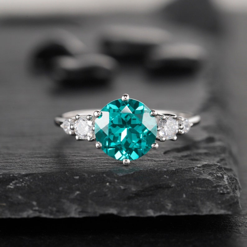 Platinum Neon Blue Paraiba Tourmaline Engagement Ring, Unique 3CT Green Bluish Tourmaline Wedding Ring, White Gold Promise Ring for Women image 1