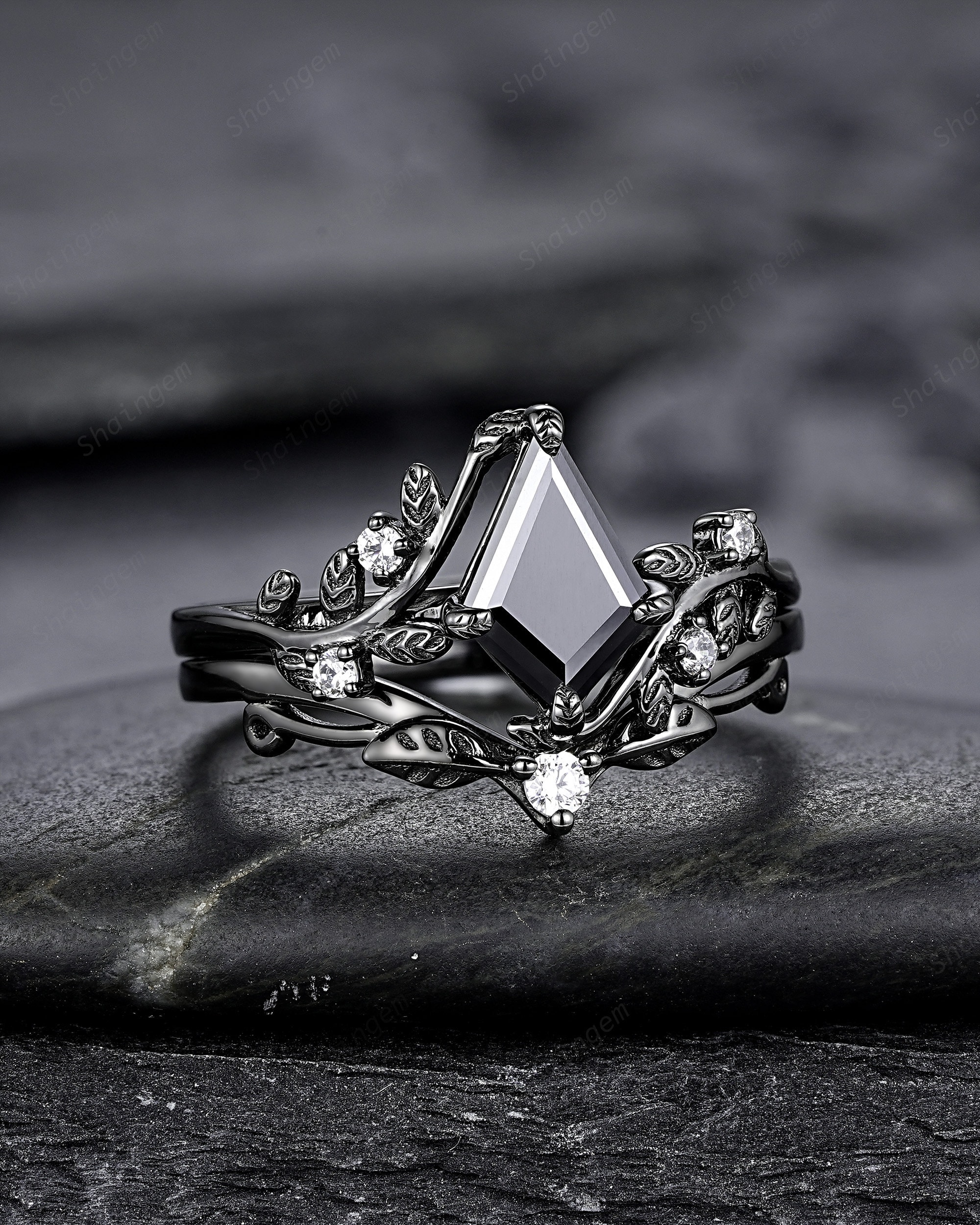 Gothic Black Gold Kite Cut Black Moissanite Leaf Engagement Ring
