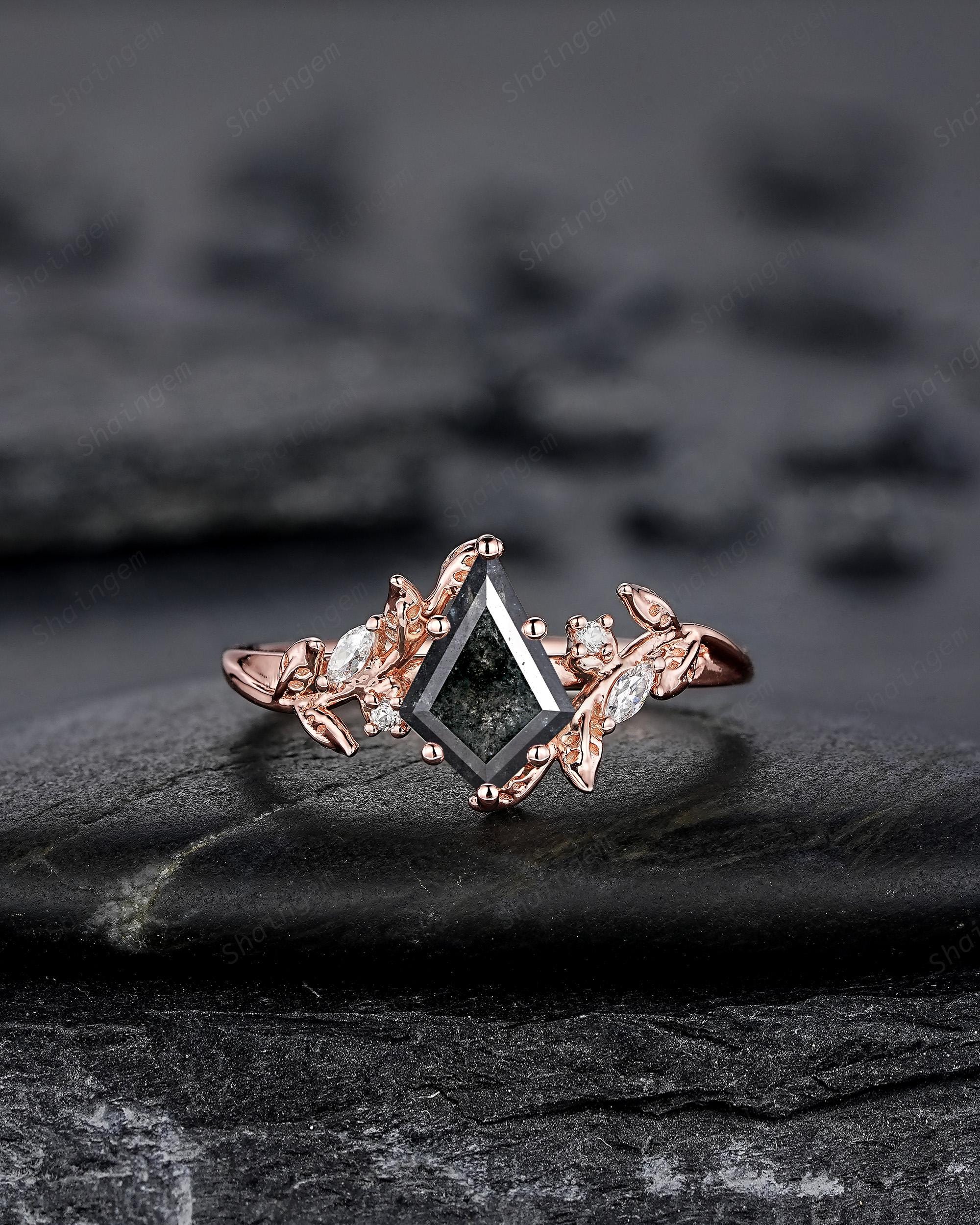 Natural Salt and Pepper Diamond Vine Engagement Ring Set, Rose