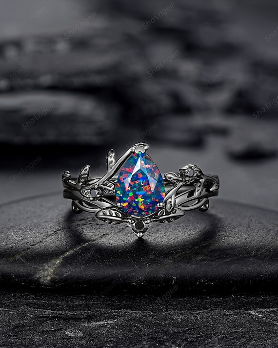 Black Gold Pear Shape Facet Black Opal Vine Engagement Ring