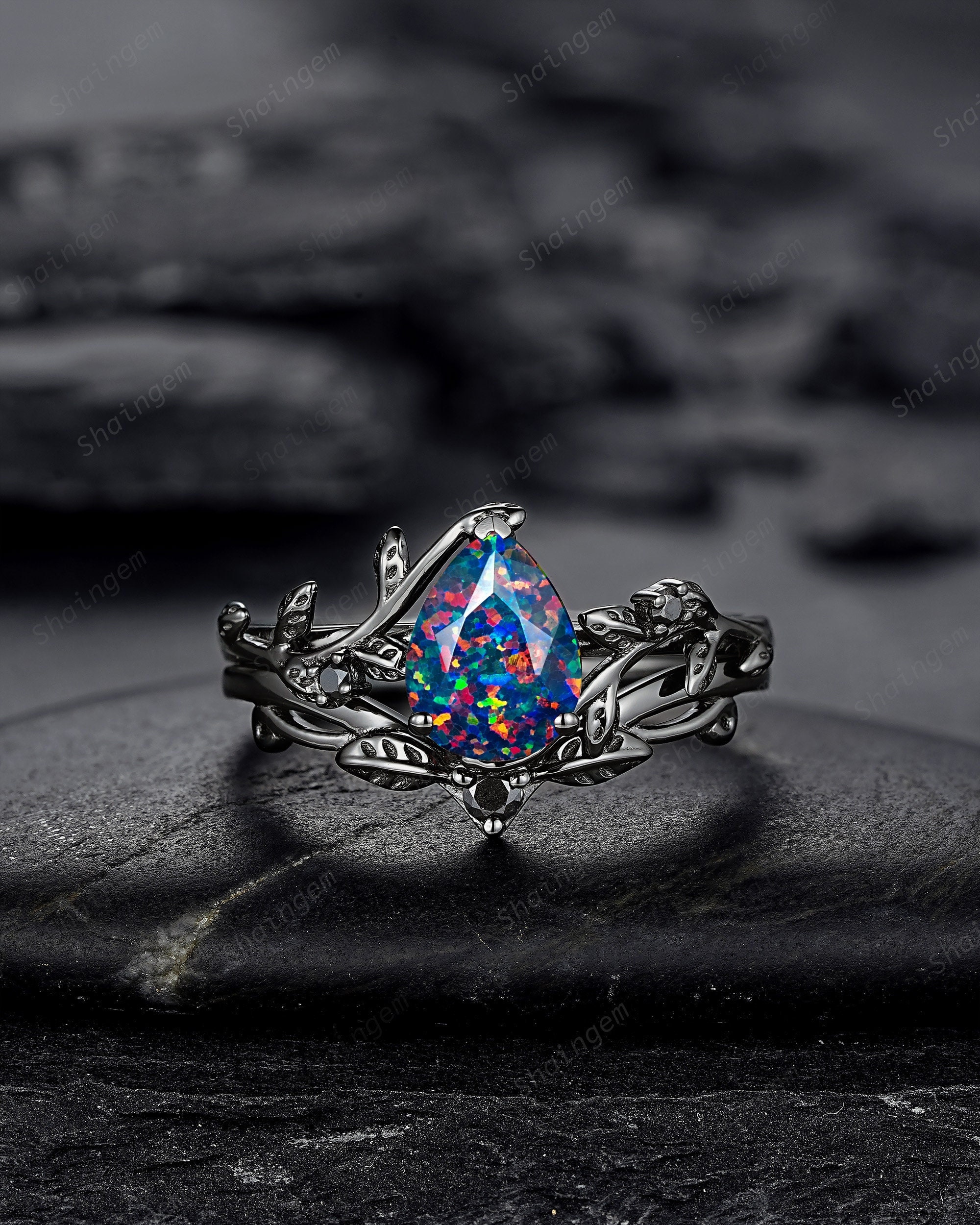 Black Gold Pear Shape Facet Black Opal Vine Engagement Ring