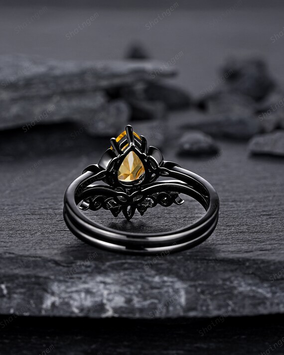 Gothic Black Pear Shape Citrine Celtic Knot Engagement Ring, Black