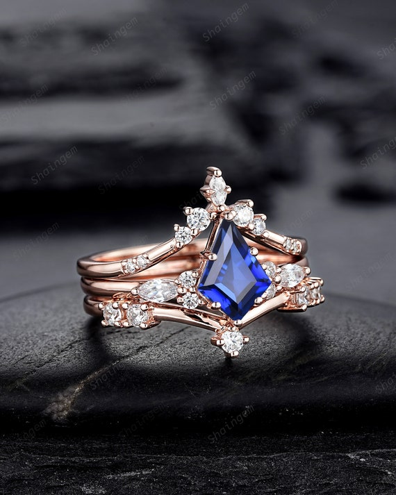 Juego de 3 anillos de compromiso de zafiro azul con corte de cometa vintage anillo de