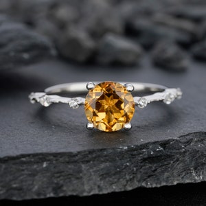Unique Citrine Engagement Ring, 14K White Gold or Silver 925 November Birthstone Wedding Ring, Vintage Round Cut Citrine Promise Ring Gift
