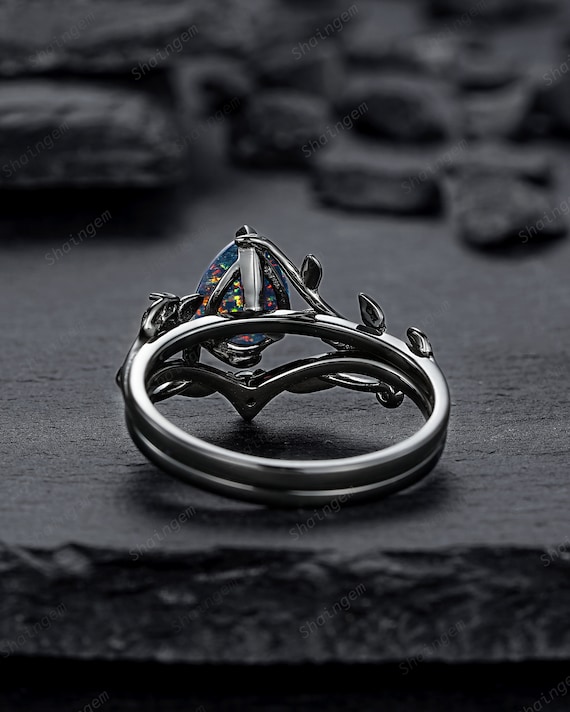 Nature Inspired Black Opal Leaf Engagement Ring Set, Rhodium Black