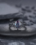 Vintage Oval Shape Alexandrite Black Engagement Ring Set, 18K Black Gold Promise Ring Set, Unique Rhodium Black Witchy Ring Bridal Set Gift