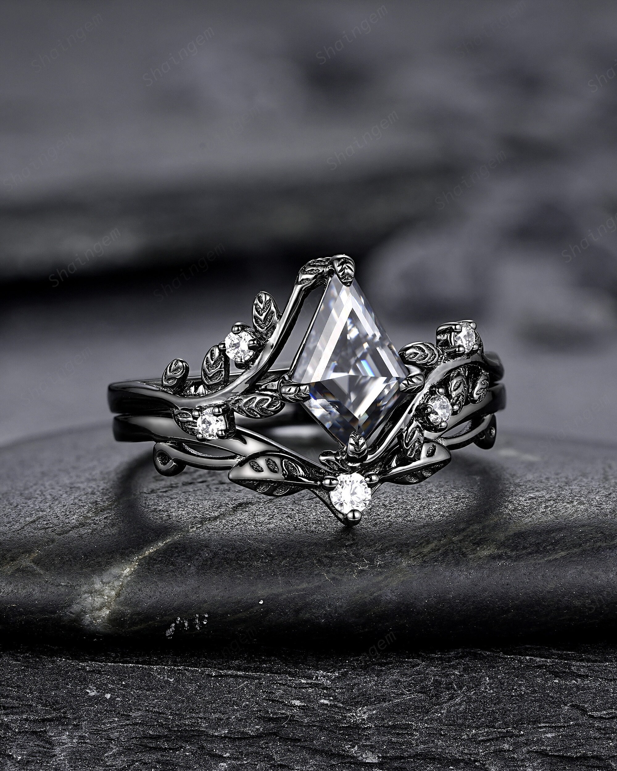 14kgf ブラックダイヤモンド　2way 四つ葉✨リング　チャーム Black Gold Kite Cut Gray Moissanite Engagement Ring Set, Witchy