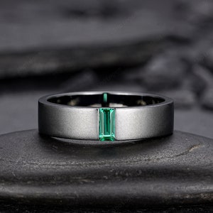 Black Gold Baguette Emerald Men&#39;s Engagement Band, Men&#39;s Straight Wedding Band, Gothic Solitaire Promise Ring Black Rhodium Anniversary Ring