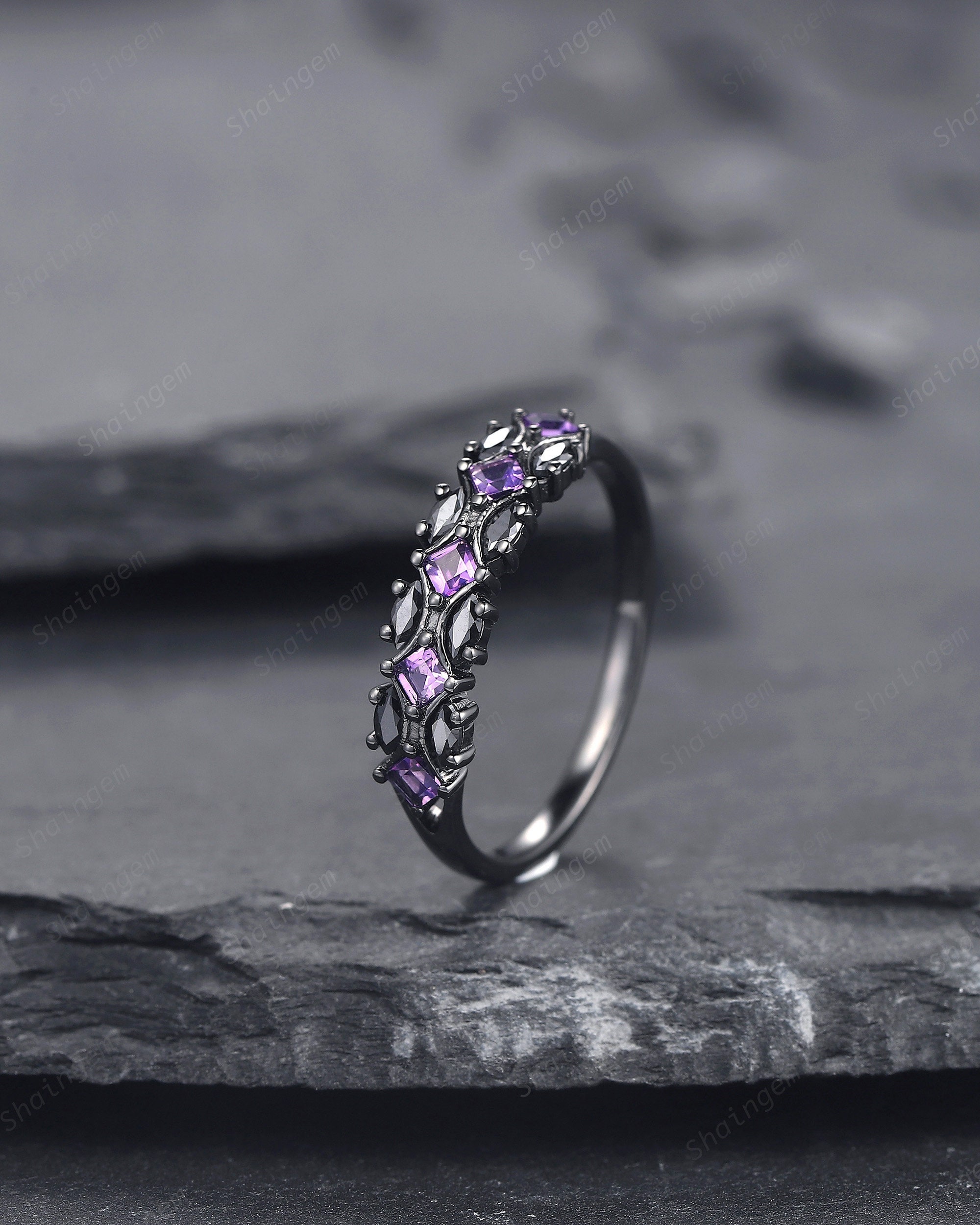 Black Gold Square Amethyst and Black Marquise Moissanite Wedding Band Black Engagement Ring Gothic Anniversary Promise Ring Matching Band Etsy Canada