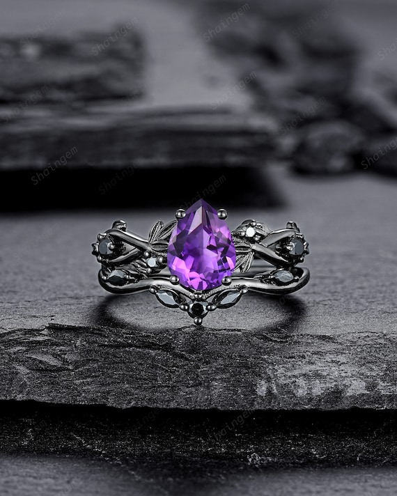 Gothic Pear Cut Amethyst Black Leaf Engagement Ring Set, Black