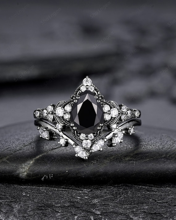 Halo Engagement Wedding Bands Coffin Shaped Diamond Ring 14K Black