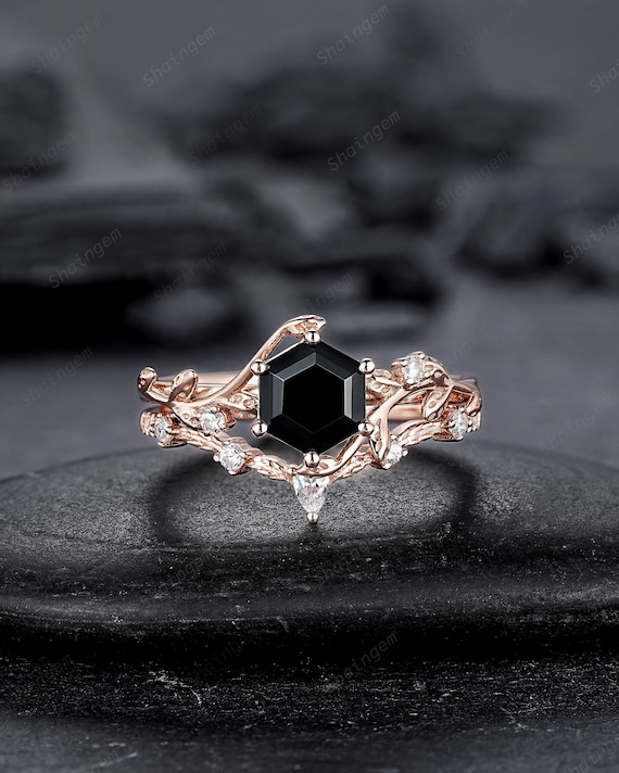 Nature Inspired Hexagon Cut Black Onyx Leaf Engagement Ring Set