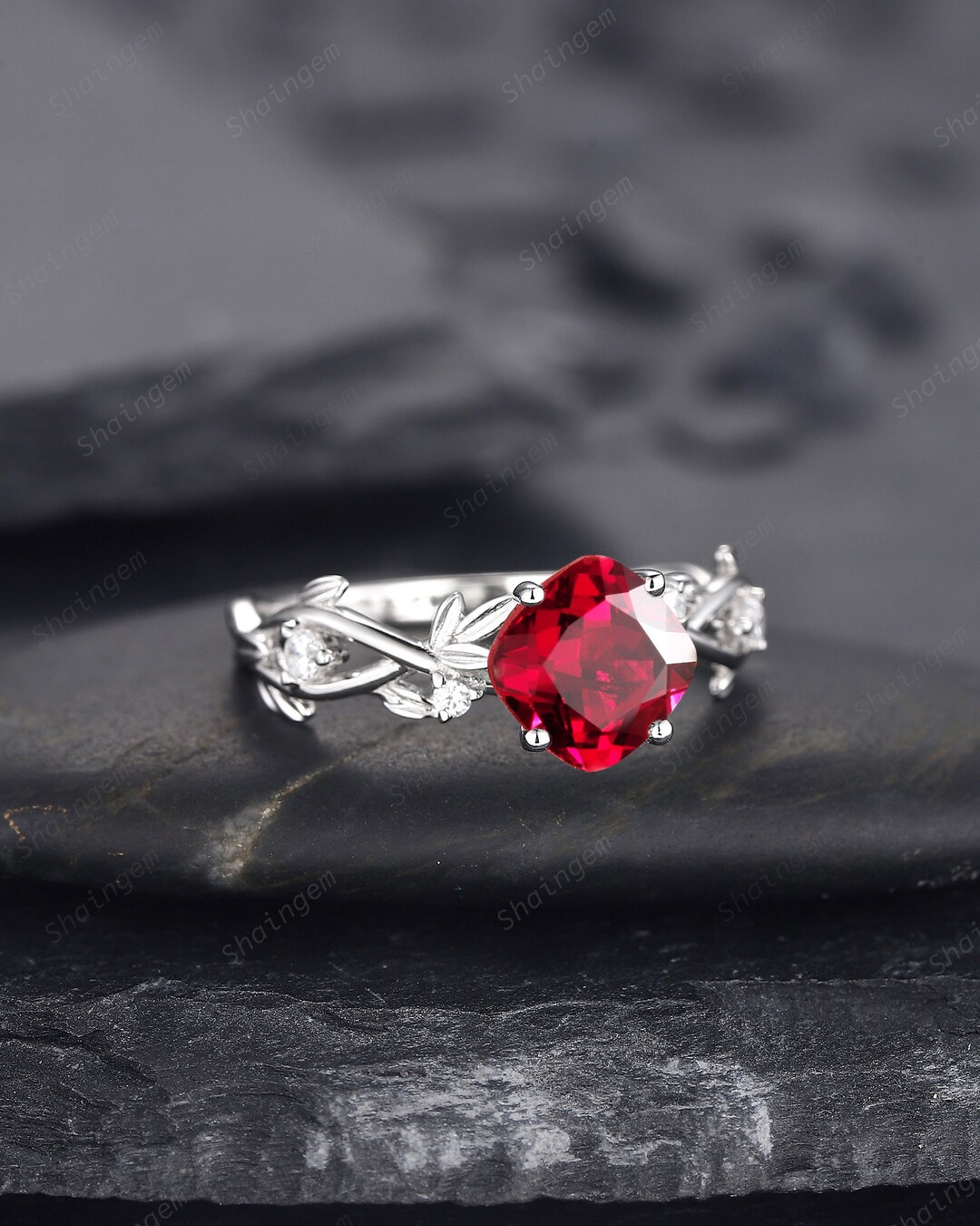 Ruby Inlaid Wring Vintage Cushion Cut Ruby Wedding Ring, Unique Twig Leaf White Gold Ruby ...