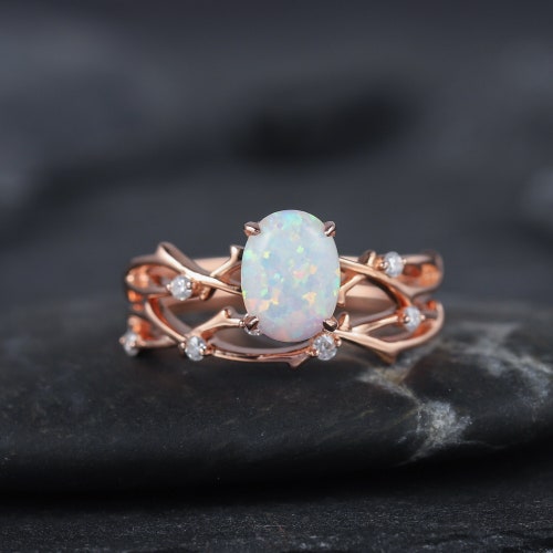 3PCS White Opal Engagement Ring Set Rose Gold Rings for Etsy