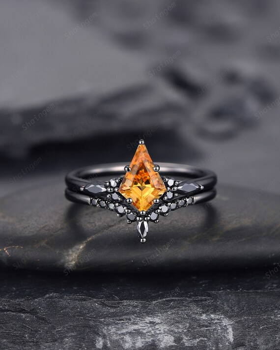 Black Rhodium Kite Shape Citrine Engagement Ring Set, Unique Black
