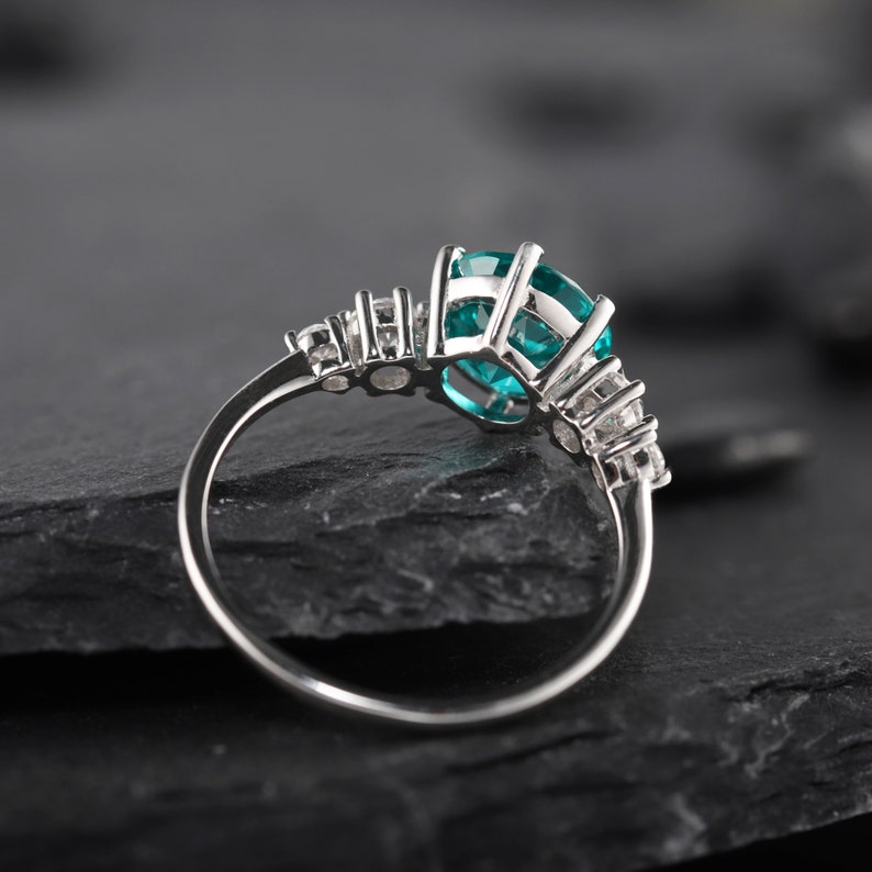 Platinum Neon Blue Paraiba Tourmaline Engagement Ring, Unique 3CT Green Bluish Tourmaline Wedding Ring, White Gold Promise Ring for Women image 8