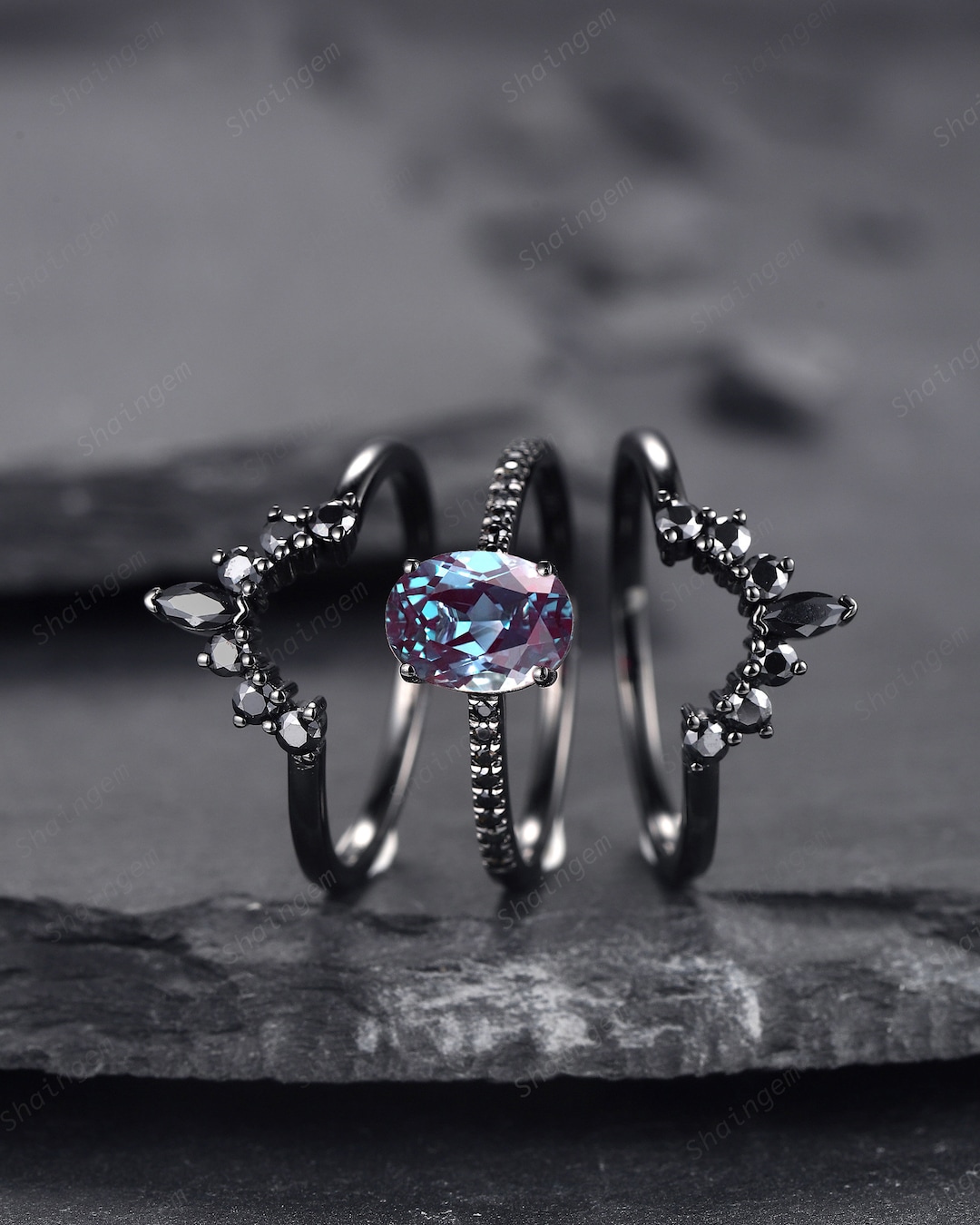 3PCS Oval Shape Alexandrite Black Engagement Ring Set, Gothic Black