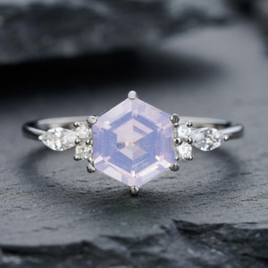 Vintage Hexagon Cut Lavender Purple Amethyst Engagement Ring, 14K White Gold Sterling Silver Amethyst Promise Ring, Wedding Ring For Women