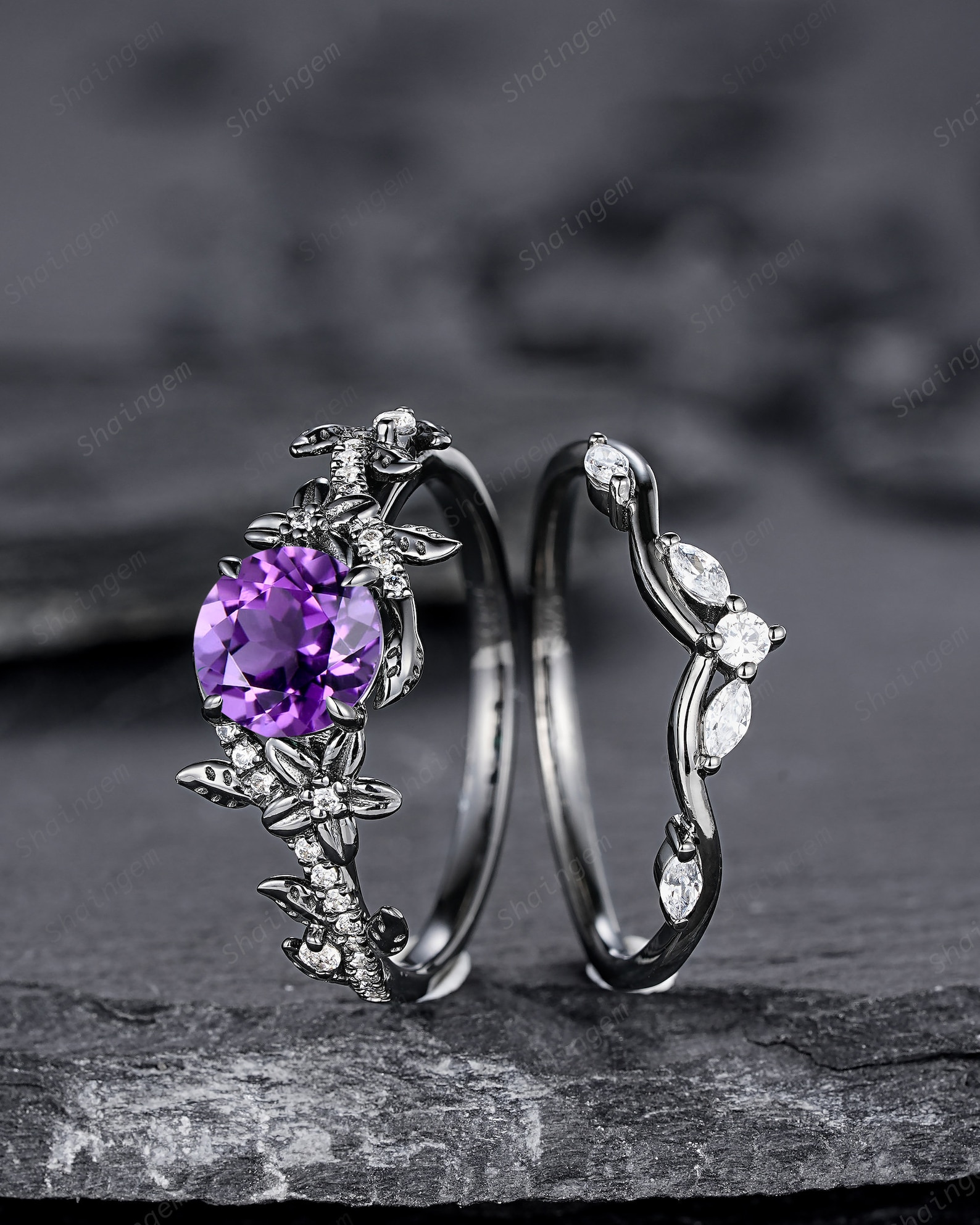 Gothic Round Shape Amethyst Black Floral Engagement Ring Set, Black Gothic Round Shape Amethyst Black Floral Engagement Ring Set, Black