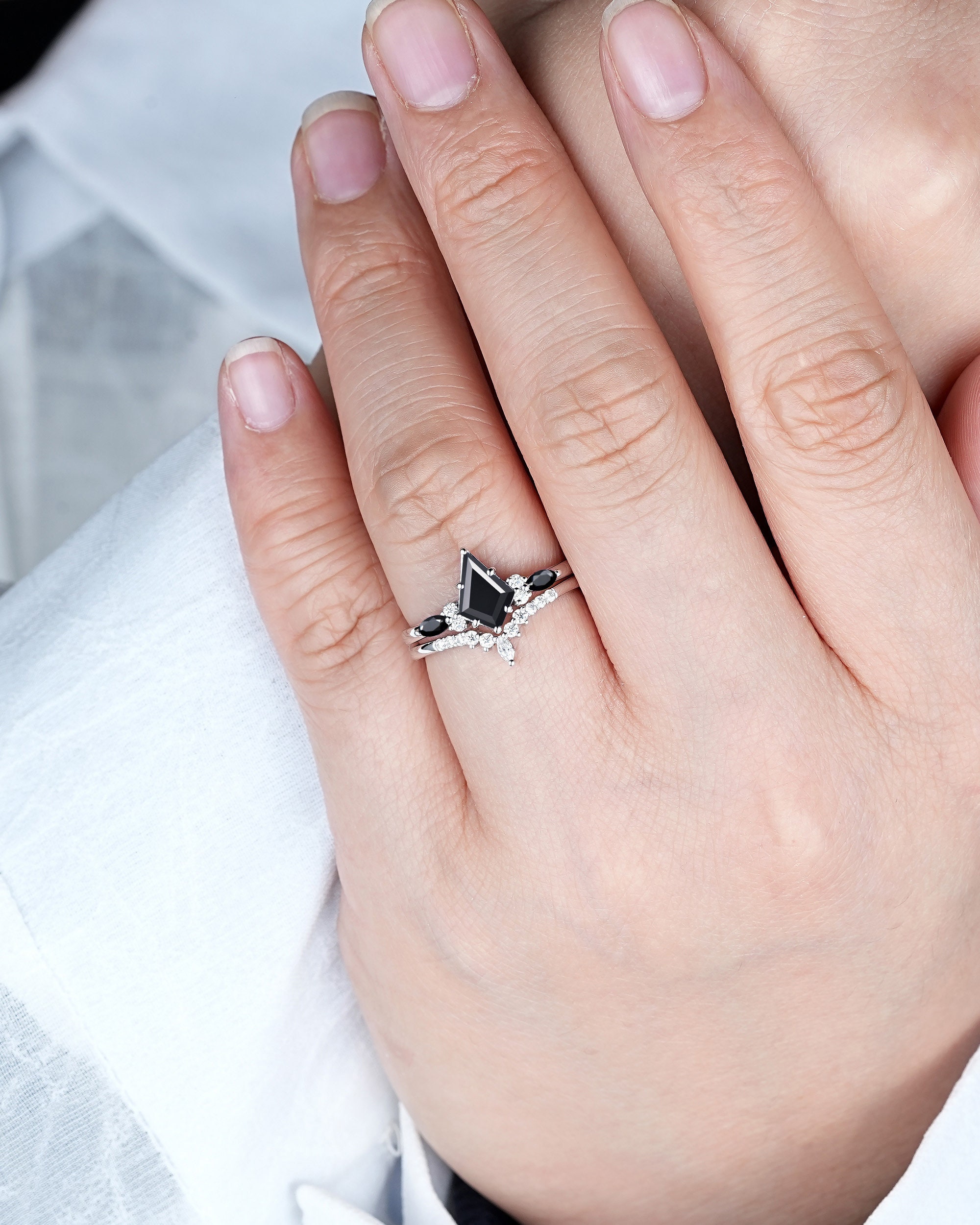 Platinum Kite Cut Black Onyx and Diamond Engagement Ring Set
