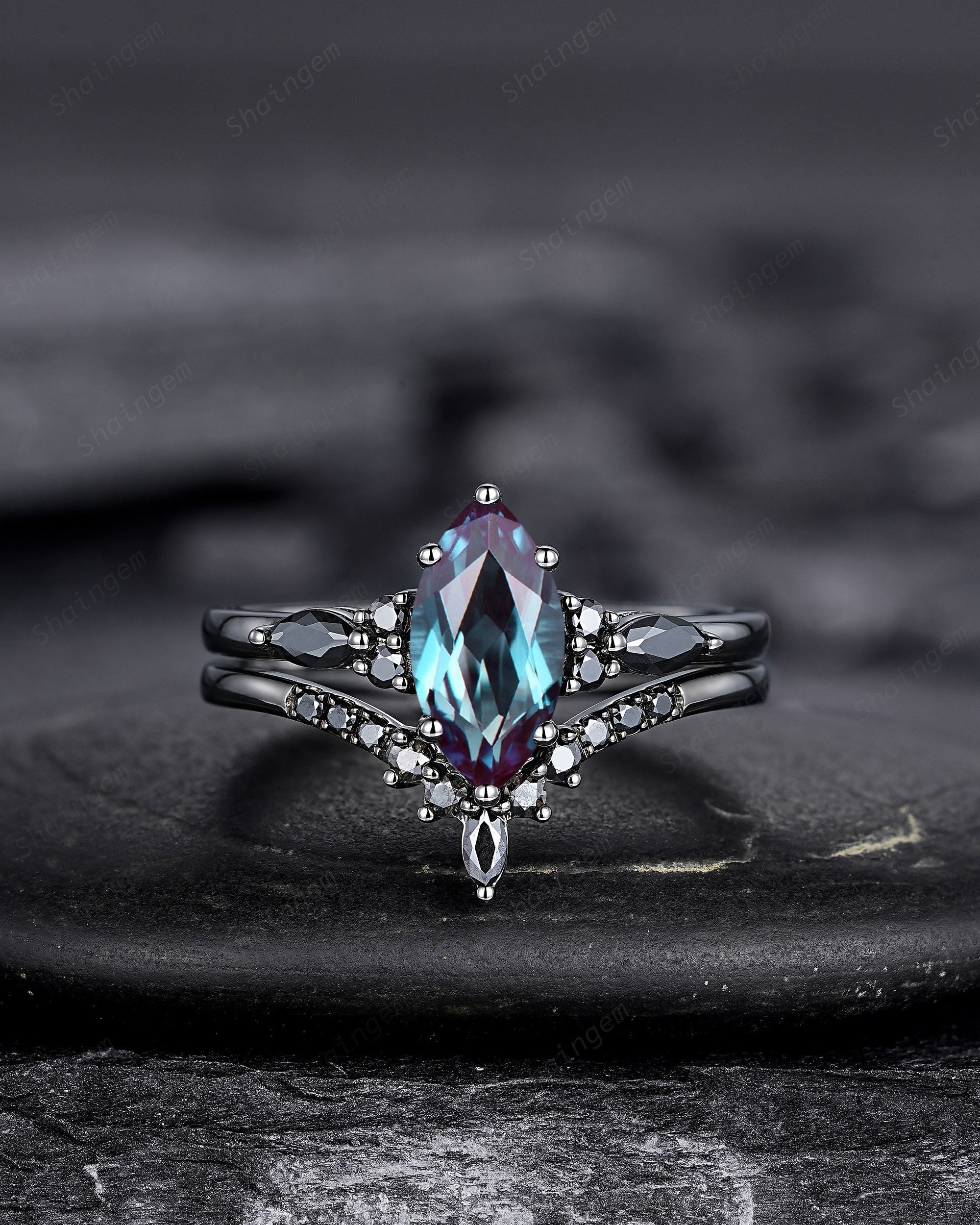 Black Gold Marquise Cut Alexandrite Engagement Ring Set, Gothic Punk Bridal Set, Black Rhodium Wedding Ring, Black Promise Ring for Women