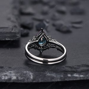 Gothic Black Gold Pear Shape Alexandrite Engagement Ring Set, Black Floral Promise Ring Set Unique Rhodium Black Witchy Ring Bridal Set Gift image 9